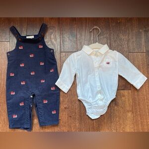 Janie and Jack Baby Train Oxford Bodysuit and train overalls